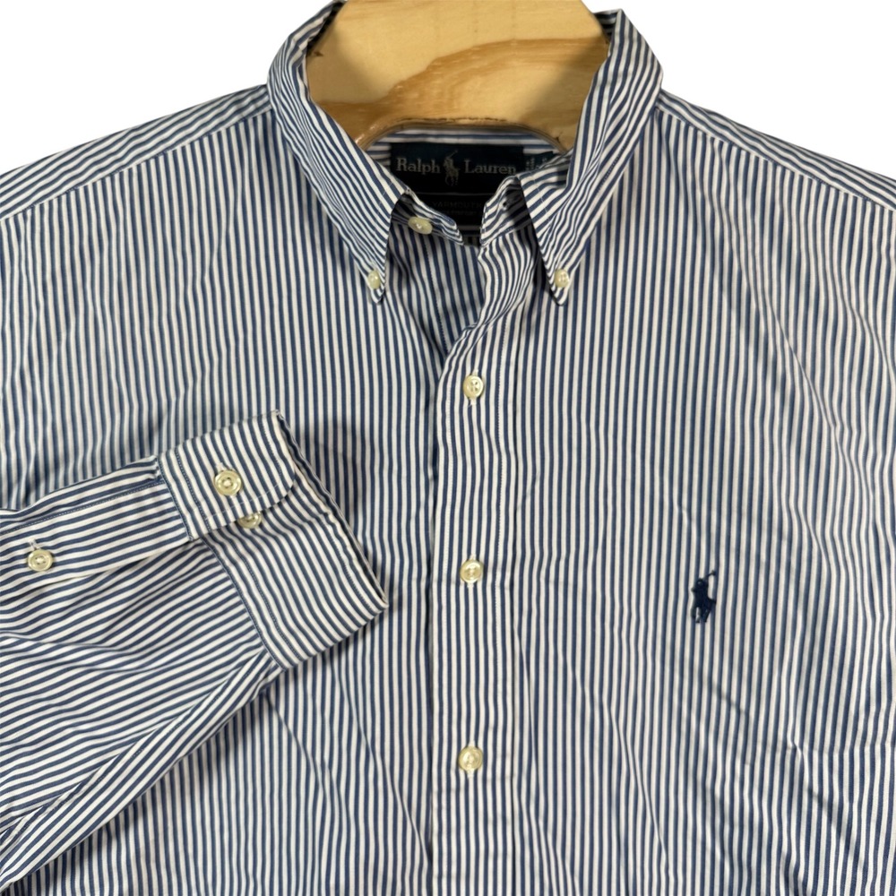 Ralph Lauren Yarmouth Button Down Men 17 34/35 Blue White Stripe Pinpoint Oxford